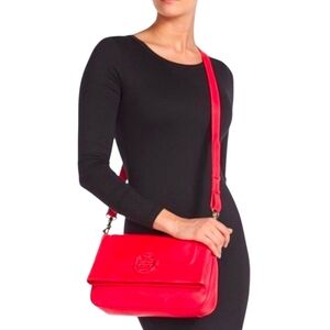 Tory Burch Amanda Deep Coral Fold Over Messenger Crossbody Bucket Leather Bag